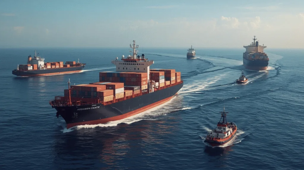 Pallets of humanitarian aid destined for Gaza being loaded onto a flotilla vessel.