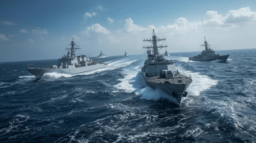 Israeli naval vessel shadowing a civilian aid ship during a Gaza flotilla interception.
